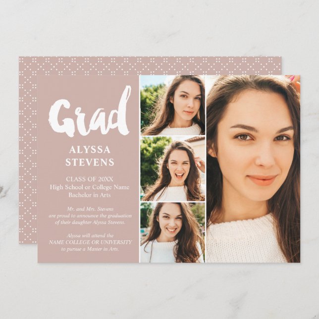 Dusty pink simple Grad script 4 photos graduation Invitation (Front/Back)