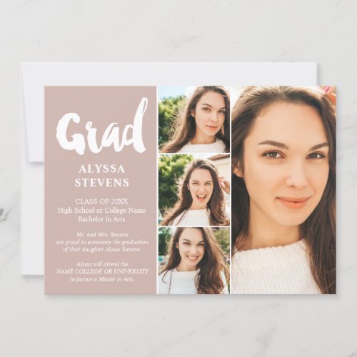 Dusty pink simple Grad script 4 photos graduation Invitation