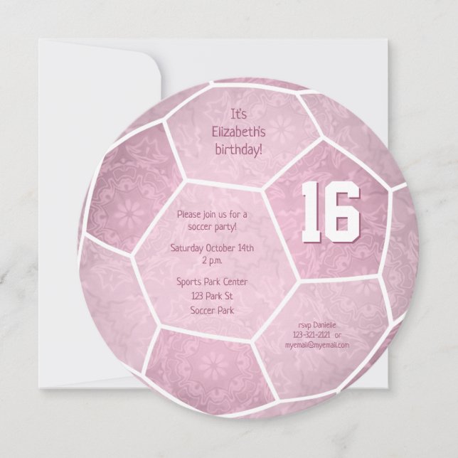 dusty pink soccer themed birthday party announcement (Front)