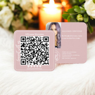 Dusty pink Social Media QR Code Photo Logo Square Business Card