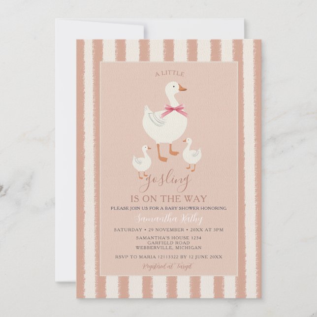 Dusty Pink Striped Cute Little Gosling Baby Shower Invitation (Front)