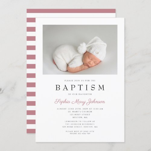 Dusty Pink Stripes Elegant Photo Girl Baptism Invitation