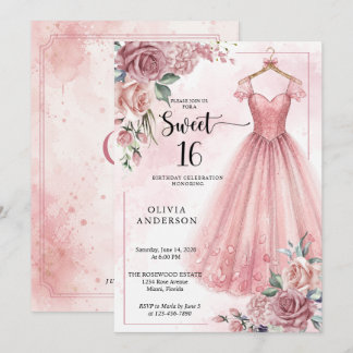 Dusty Pink Sweet 16 Floral Dress Invitation