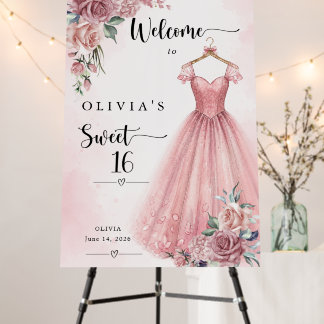 Dusty Pink Sweet 16 Floral Dress Welcome Board