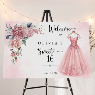 Dusty Pink Sweet 16 Floral Dress Welcome Board