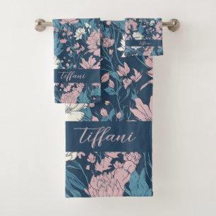 Dusty Pink Teal Floral Garden Editable Name Bath Towel Set