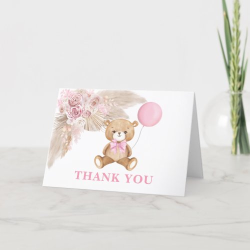 Dusty Pink Teddy Bear Balloon Baby Girl Folded Thank You Card