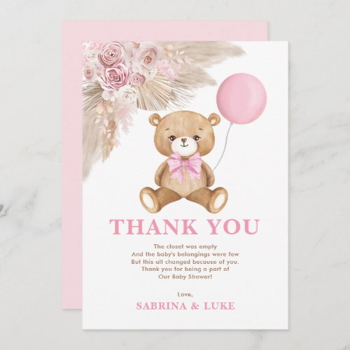 Dusty Pink Teddy Bear Balloon Girl Baby Shower Thank You Card