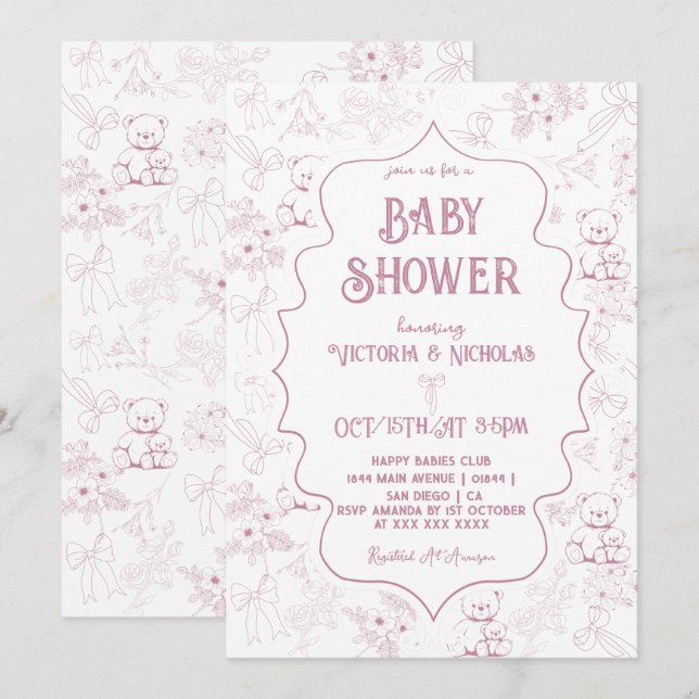 Dusty Pink Toile Bow Bear Baby Girl Shower Invitation (Front/Back)