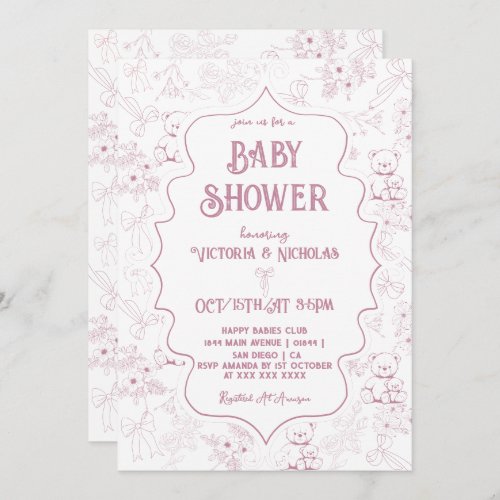 Dusty Pink Toile Bow Bear Baby Girl Shower Invitation