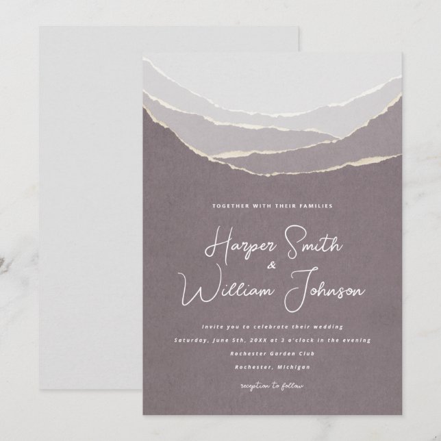 dusty pink torn paper mountains wedding invitation (Front/Back)