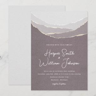 dusty pink torn paper mountains wedding invitation