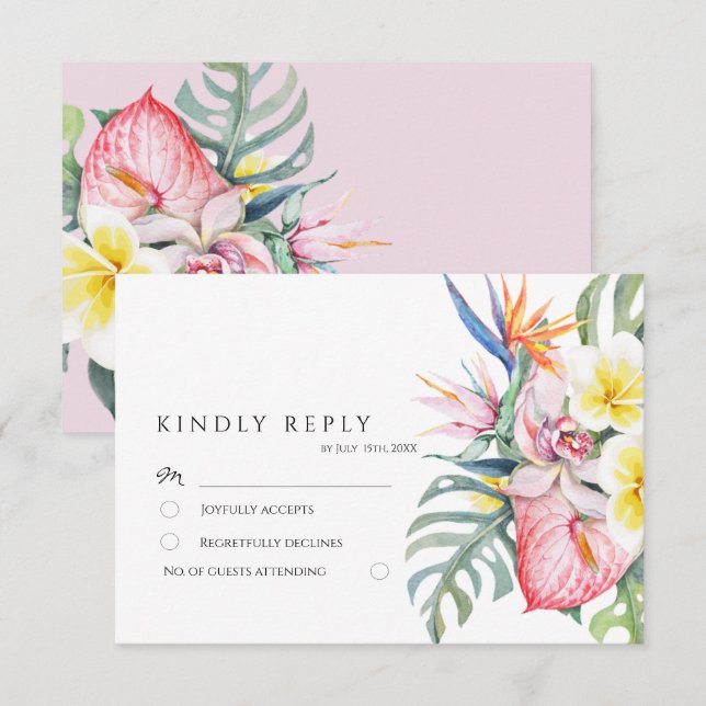 Dusty Pink Tropical Floral Botanical Wedding RSVP Card (Front/Back)