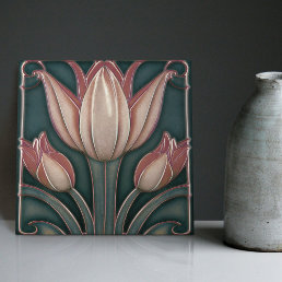 Dusty Pink Tulips on Blue Symmetric Art Nouveau Ceramic Tile