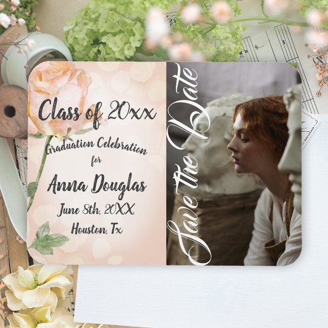 Dusty Pink Vintage Boho Rose Announcement Magnet (peach rose peach fuzz botanical floral save the date graduation party photo magnet announcement)