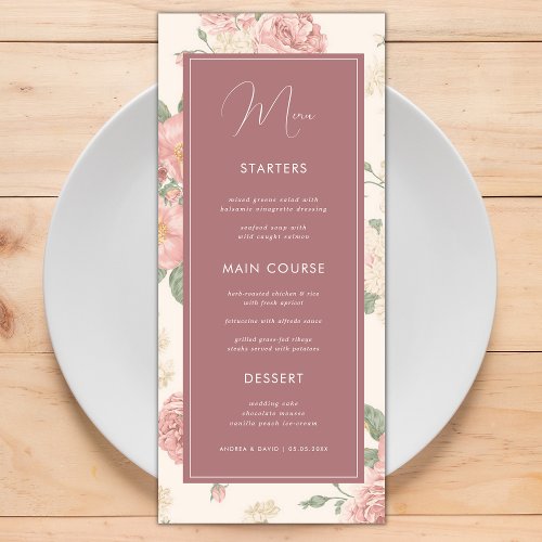 Dusty Pink Vintage Floral Botanical Wedding Dinner Menu