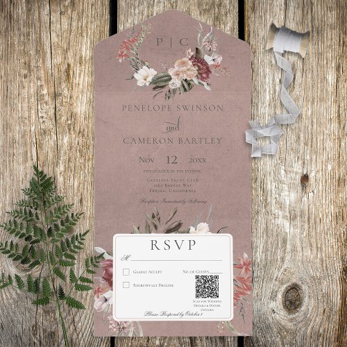 Dusty Pink Vintage Floral Wreath QR Code All In One Invitation