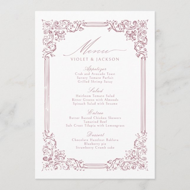 Dusty Pink Vintage Frame Elegant Script Wedding Menu (Front)