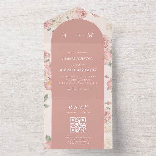 Dusty Pink Vintage Rose Floral 60s Bohemian Arch All In One Invitation