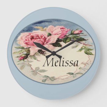 Dusty Pink Vintage Rose Leaf Wreath Monogram Large Clock by StarStruckDezigns at Zazzle