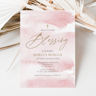 Dusty Pink Watercolor Baby Blessing Invitation