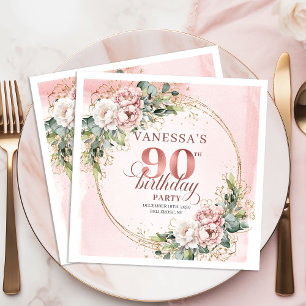 Dusty Pink Watercolor Floral 90th Birthday Party   Napkins