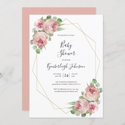 Dusty Pink Watercolor Floral Geometric Baby Shower Invitation