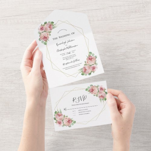 Dusty Pink Watercolor Floral Geometric Wedding All In One Invitation