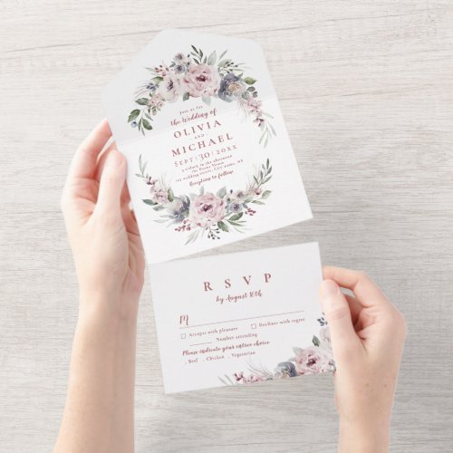 Dusty pink watercolor floral rustic boho wedding all in one invitation