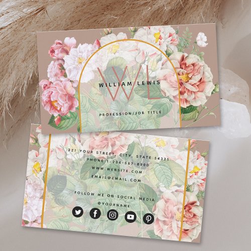 Dusty Pink Watercolor Floral Social Media Icons Business Card