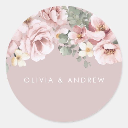 Dusty Pink Watercolor Floral Wedding Classic Round Sticker
