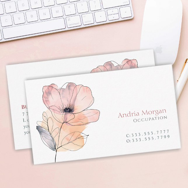 Dusty Pink Watercolor Flower, Name, Info, White Business Card (Creator Uploaded)