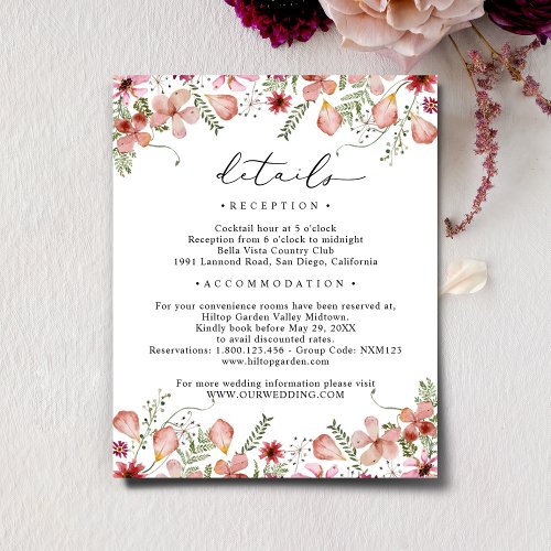 Dusty Pink Watercolor Flowers Wedding Details Enclosure Card