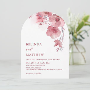Dusty Pink Watercolor Flowers White Arched Wedding Invitation