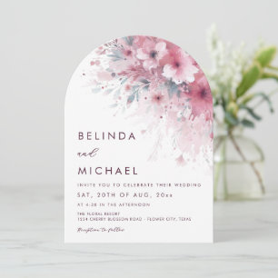 Dusty Pink Watercolor Flowers White Arched Wedding Invitation
