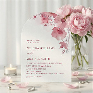 Dusty Pink Watercolor Flowers White Arched Wedding Invitation