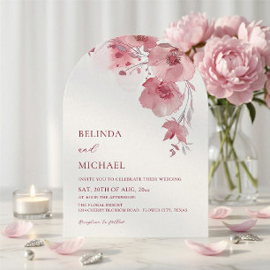 Dusty Pink Watercolor Flowers White Arched Wedding Invitation