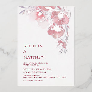 Dusty Pink Watercolor Flowers White Silver Foil Invitation