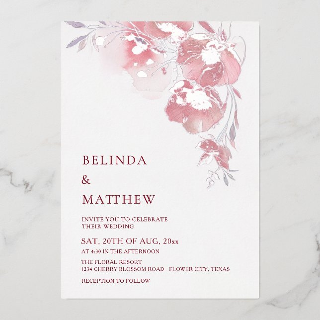 Dusty Pink Watercolor Flowers White Silver Foil Invitation (Front)