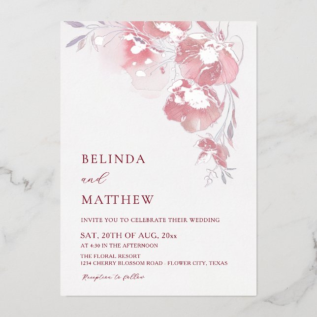 Dusty Pink Watercolor Flowers White Silver Foil Invitation (Front)