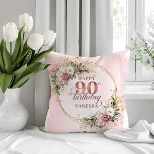 Dusty Pink Watercolor Greenery 90th Birthday Pillo Throw Pillow