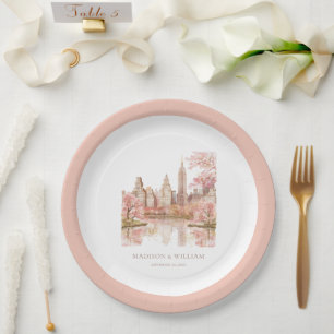 Dusty Pink Watercolor New York Wedding Paper Plates