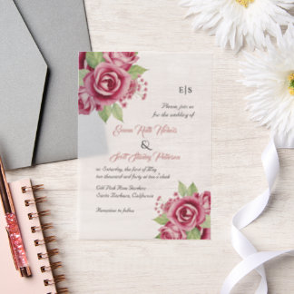 Dusty pink watercolor rose flowers floral vellum invitations