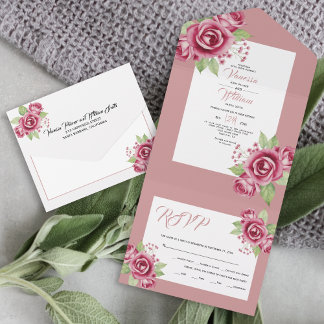 Dusty pink watercolor rose flowers floral wedding all in one invitation