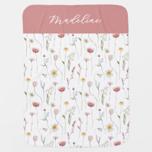 Dusty Pink Watercolor Wildflower Name Baby Blanket