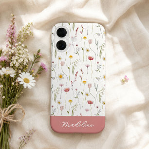Dusty Pink Watercolor Wildflower Name iPhone 16 Case