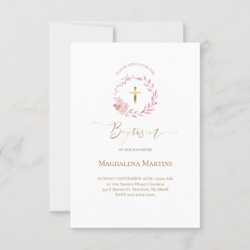dusty pink watercolor wreath  Baptism Invitation