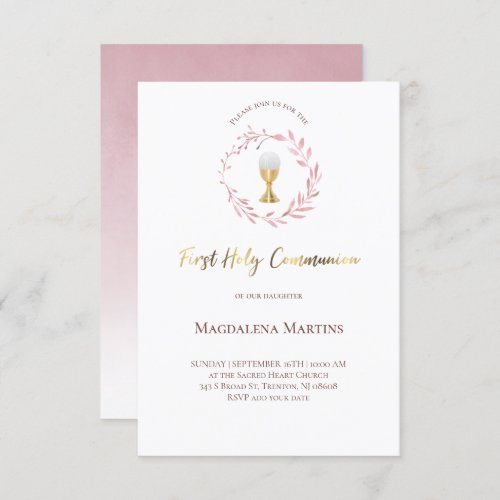 dusty pink  watercolor wreath  first communion invitation