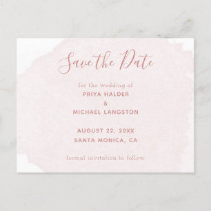 Dusty Pink Watercolour Splash Save The Date Announcement Postcard