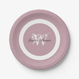 Dusty Pink Wedding Chic White Monogram & Details Paper Plates